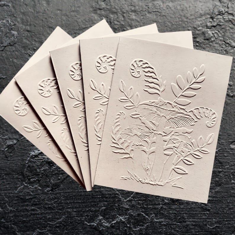 Embossed Botanical Note Cards With Mushrooms and Ferns, Set of 5, Boho ...