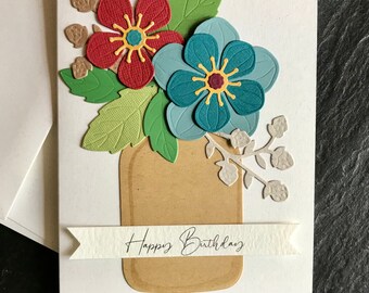 Floral birthday card, Handmade greeting, Happy birthday card for her, With flowers, Botanical cards, For friend, Beautiful cards, Mason jar