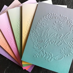 Handmade embossed floral thank you cards in an ombre pattern, Set of 6 minimalist thank you notes  for friends, family, coworkers,