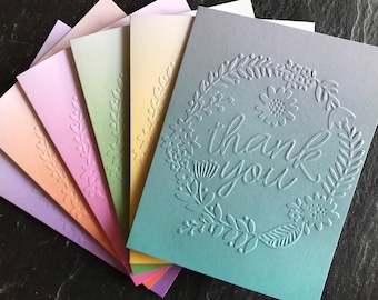 Handmade embossed floral thank you cards in an ombre pattern, Set of 6 minimalist thank you notes  for friends, family, coworkers,