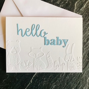 Tarjeta de bienvenida para bebé, Tarjeta para bebé niño, Hola bebé, Regalo para baby shower, Animales del bosque, Tarjeta de felicitaciones, Bebé recién nacido, Juego de tarjetas, Saludo hecho a mano