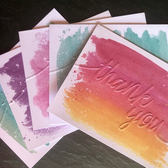 Watercolor Thank You Cards Set of 5 Embossed Cards Assorted Etsy