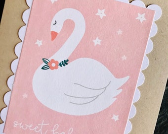 Sweet baby girl card with white swan and stars, Handmade baby shower greeting card, Congrats card for expecting parents