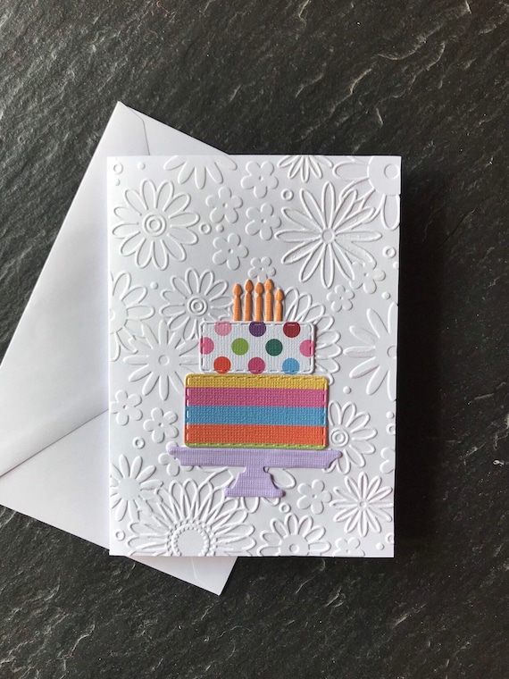 Girl Birthday Card With Cake Floral Embossed Handmade | Etsy