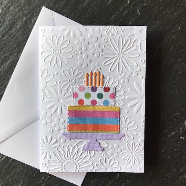 Girl birthday card with cake, floral embossed handmade greeting card, daughter birthday, kids birthday card, granddaughter card, floral card