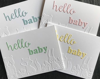 Handmade New Baby Greeting Cards with Embossed Woodland Animals, Set of 4, Hello Baby Card Set for Boys and Girls