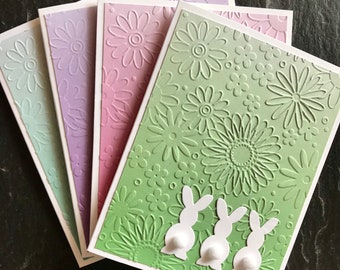 Handmade embossed Easter cards with cottontail bunnies and flowers, Greeting card set for spring, Cute Easter card pack for kids