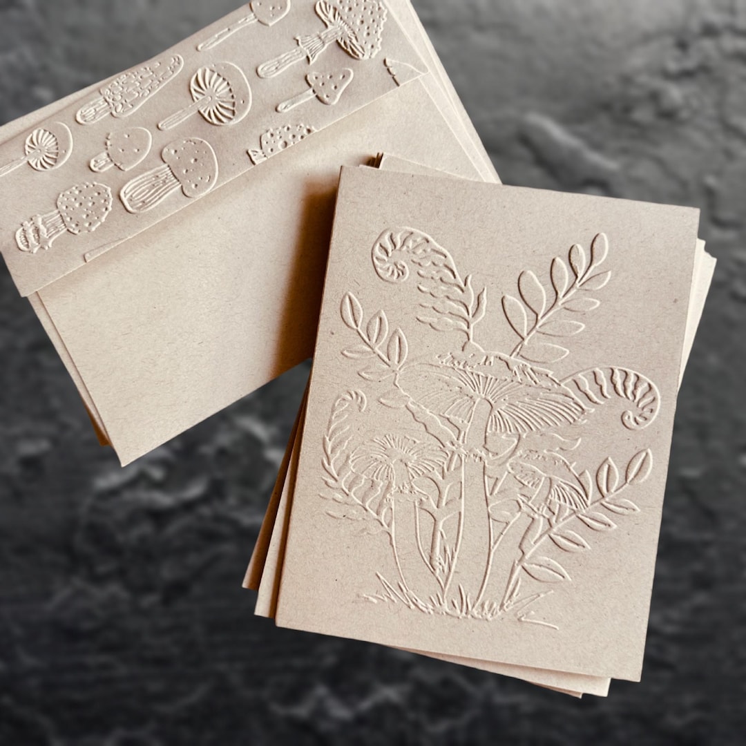 Embossed Botanical Note Cards With Mushrooms and Ferns, Set of 5, Boho ...