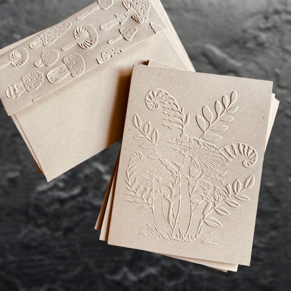 Embossed botanical note cards with mushrooms and ferns, Set of 5, Boho, Cottagecore, Minimalist stationery