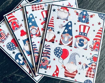 Handmade patriotic greeting cards with gnomes for Veterans Day, Labor Day, Memorial Day, Fourth of July in red white and blue, Military card