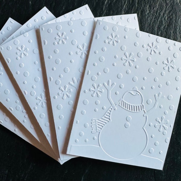 Embossed Christmas cards with snowman and snowflakes, Minimalist handmade holiday cards, Simple Christmas, Winter notecards, Personalized