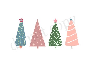 May include: Four stylised Christmas trees in blue, pink, and green with star toppers. The trees have various designs, including dotted and striped patterns, set against a white background. A festive illustration for holiday decor.