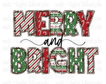 Op de afbeelding: Een feestelijke afbeelding met de woorden "MERRY and BRIGHT" in een speels lettertype. De letters zijn gevuld met patronen van zuurstokken, strepen en kerstbomen in rood en groen, perfect voor kerstknutselwerk.
