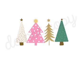 May include: An illustration of four Christmas trees in a row. The trees are in various colours, including white with gold stars, pink with white polka dots, gold, and teal with white dots. Each tree is topped with a star or sunburst.