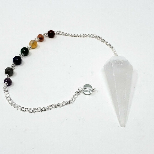 Selenite Gemstone Pendulum with Chakra Chain, Faceted (Natural Crystal Stone)