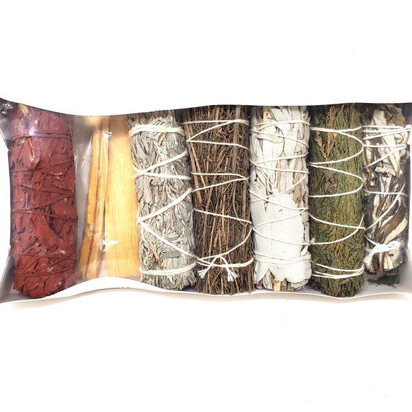 Smudging Gift Pack - 7 Items  (Dragon's Blood, Palo Santo (2 sticks), Blue Sage, Desert Sage, White Sage, Cedar, Yerba Santa)