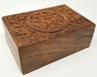 Pentagram Wooden Carved Box Tarot Jewelry Sage Stash Box 4"x 6"