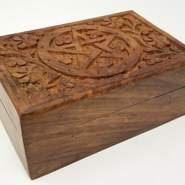 Pentagram Wooden Carved Box Tarot Jewelry Sage Stash Box 4"x 6"