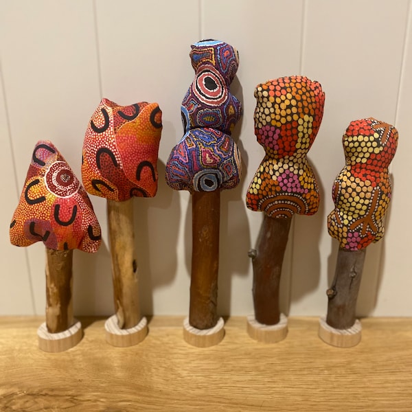 INDIGENOUS ABORIGINAL Patterned Fabric Trees Wooden Trunk - Small World Pretend Play - Reggio - SET of 5