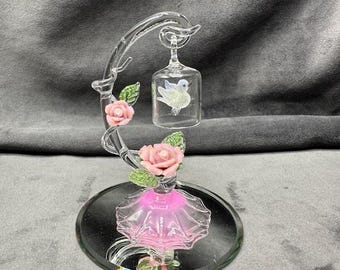 Handmade Glass Bird in Cage with Pink Porcelain Roses