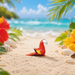 May include: A small glass parrot figurine featuring a vibrant red body, yellow wing accents, a black eye, and a white beak. The parrot is positioned on a sandy surface surrounded by red and yellow hibiscus flowers and various seashells.