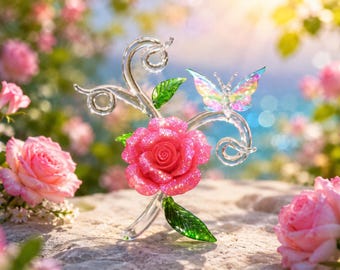 HandMade Glass Lampwork Butterfly on Red Rose