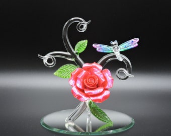 Hand Made Glass Dragonfly with Red and Glitter Rose
