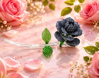 HandMade Blown Glass Rose  - Black Glass Rose