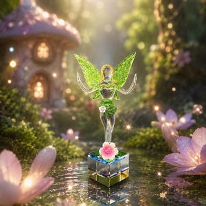 May include: A clear glass fairy figurine with translucent green wings and a small pink flower at the waist. The figure stands atop a square, multi-coloured glass base adorned with a single pink flower, featuring a reflective surface.