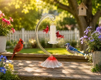 Handmade Blown Glass Hanging Cardinal Bird Feeder - Cardinal's Delight