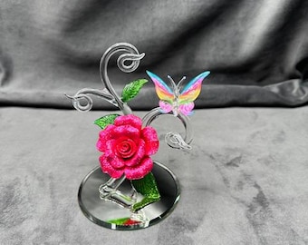 HandMade Glass Lampwork Butterfly on Red Rose