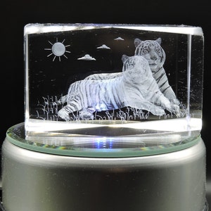 3D Glass Laser Cube Two Tigers
