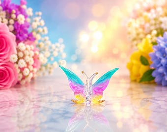 May include: A glass butterfly figurine featuring a gradient of translucent colors including blue, purple, and yellow on its wings, with delicate gold-toned accents on the wing tips and antennae, reflecting on a smooth, light-colored surface.