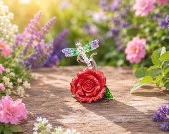 Hand Made Glass Dragonfly on a Red and Glitter Porcelain Rose