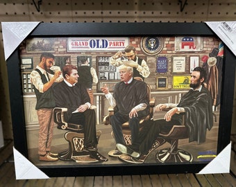Republican Presidents at Barbershop Donald J. Trump, Abraham Lincoln, and Ronald Reagan  - Framed Print