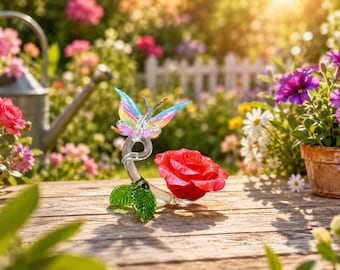 HandMade Glass Lampwork Butterfly on Red Rose