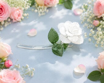 HandMade Blown Glass Rose  - WHITE Glass Rose