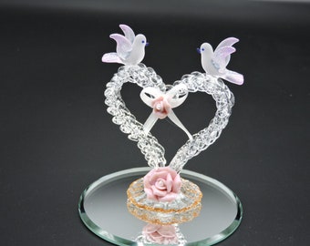 Hand Made Glass Heart with two doves and porcelain flowers