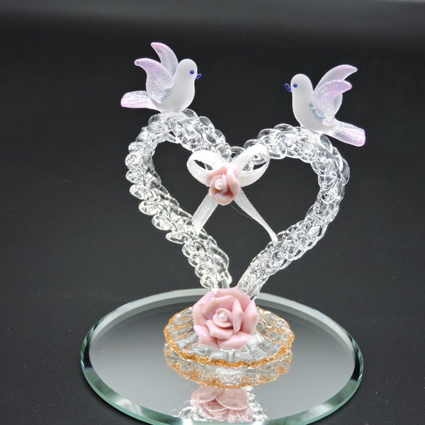 Hand Made Glass Heart with two doves and porcelain flowers