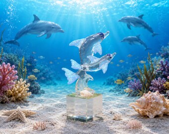 Hand Made Blown Glass Under Water Fun Dolphins