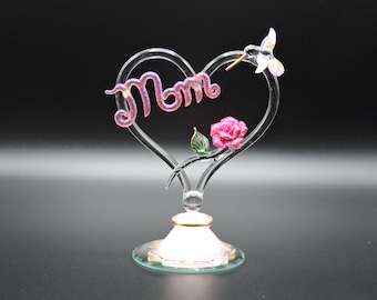 Hand Made glass heart with a pink glitter MOM, rose, and hummingbird