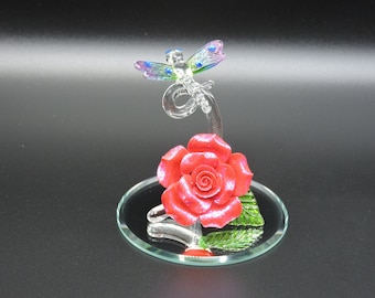 Hand Made Glass Dragonfly on a Red and Glitter Porcelain Rose