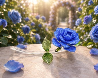 HandMade Blown Glass Rose  - BLUE Glass Rose