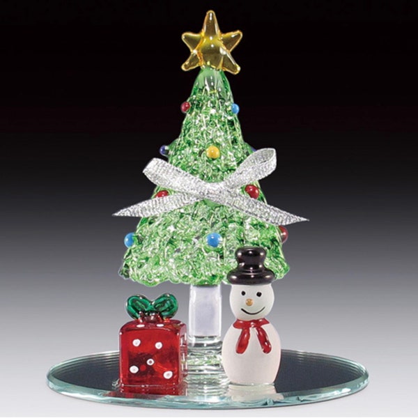 Handmade Blown Glass Christmas Tree with Gifts and Snowman