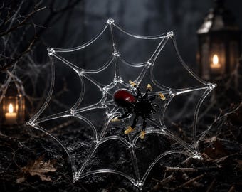 Handmade Blown Glass Mini Black Widow Spider and Glass Spider Web