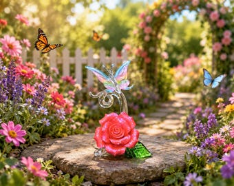 HandMade Glass Lampwork Butterfly on Red Rose