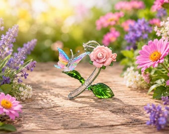 Handmade Glass Mini Rose Butterfly on a Pink Glitter covered Porcelain Flower.