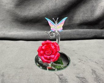 HandMade Glass Lampwork Butterfly on Red Rose