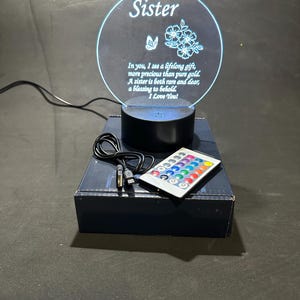 Sister Poem on Engraved Acrylic, Multifunction LED Light Base with Remote and Power Cord