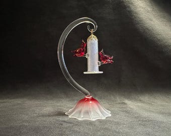 Handmade Blown Glass Hanging Cardinal Bird Feeder - Cardinal's Delight